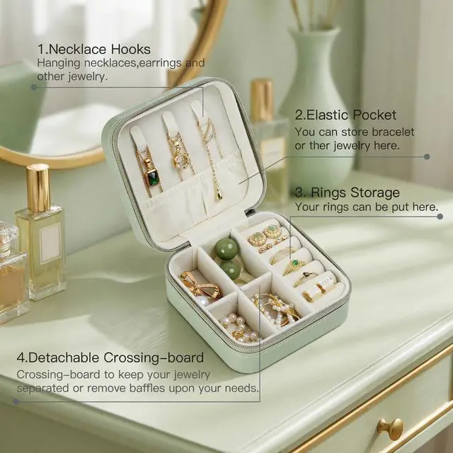 Alt view image 4 of 6 - Travel Jewelry Case, Small Jewelry Box Portable Jewelry Travel Organizer Display Storage Case for Rings Earring Necklace Bracelet, Gift for Women Girls, Green