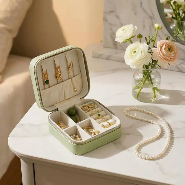 Alt view image 6 of 6 - Travel Jewelry Case, Small Jewelry Box Portable Jewelry Travel Organizer Display Storage Case for Rings Earring Necklace Bracelet, Gift for Women Girls, Green