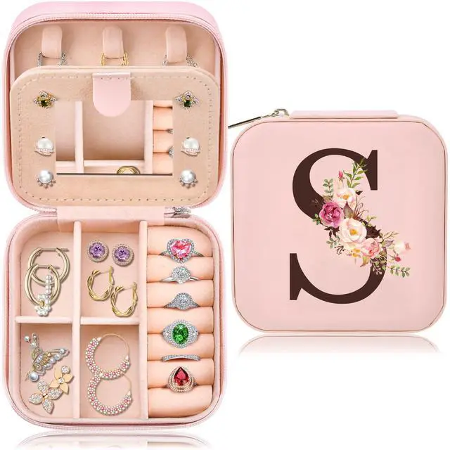 Main image of Travel Jewelry Case Box Organizer Personalized Gifts for Women | Mothers Day Mom Gifts for Aunt Sister Wife Daughter Grandma, Bridesmaid Gifts Traveling Essentials, Initial S