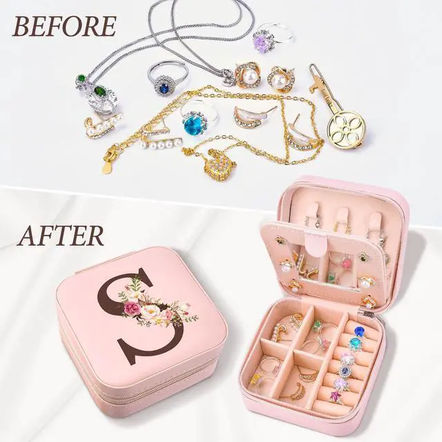 Alt view image 5 of 7 - Travel Jewelry Case Box Organizer Personalized Gifts for Women | Mothers Day Mom Gifts for Aunt Sister Wife Daughter Grandma, Bridesmaid Gifts Traveling Essentials, Initial S
