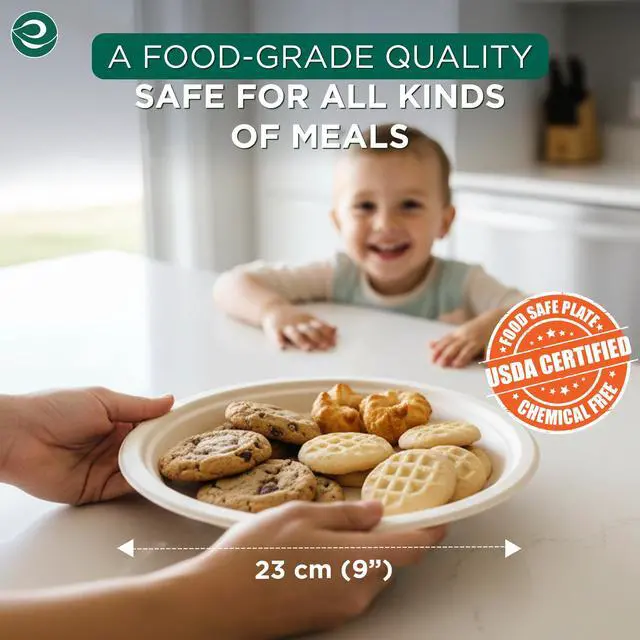 Alt view image 2 of 7 - 9 Inch Disposable Bagasse Paper Plates (100 Pack, Round) | Natural, Compostable, 100% Virgin Bagasse Pulp, Heavy Duty, Biodegradable, Microwave Safe, Food Safe, Eco-Friendly