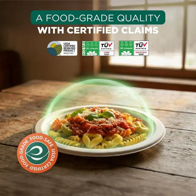 Alt view image 3 of 7 - 9 Inch Disposable Bagasse Paper Plates (100 Pack, Round) | Natural, Compostable, 100% Virgin Bagasse Pulp, Heavy Duty, Biodegradable, Microwave Safe, Food Safe, Eco-Friendly