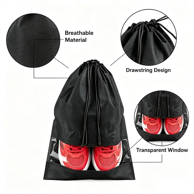 Alt view image 3 of 5 - 12 Pcs Black Shoe Bags for Travel Storage Packing Sneakers Beach | 12.6x17.3 in Large Drawstring Shoe Bags with Clear Window for Women Men, Travel Beach Essentials, Dustproof Shoe Storage Bag