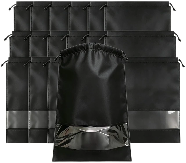 Main image of 12 Pcs Black Shoe Bags for Travel Storage Packing Sneakers Beach | 12.6x17.3 in Large Drawstring Shoe Bags with Clear Window for Women Men, Travel Beach Essentials, Dustproof Shoe Storage Bag
