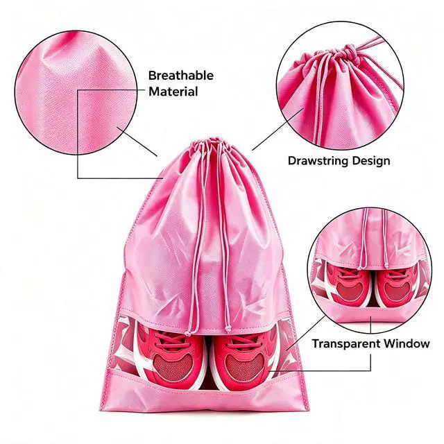 Alt view image 3 of 5 - 12 Pcs Pink Shoe Bags for Travel Storage Packing Sneakers Beach | 12.6x17.3 in Large Drawstring Shoe Bags with Clear Window for Women Men, Travel Beach Essentials, Dustproof Shoe Storage Bag