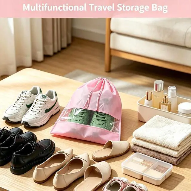 Alt view image 5 of 5 - 12 Pcs Pink Shoe Bags for Travel Storage Packing Sneakers Beach | 12.6x17.3 in Large Drawstring Shoe Bags with Clear Window for Women Men, Travel Beach Essentials, Dustproof Shoe Storage Bag