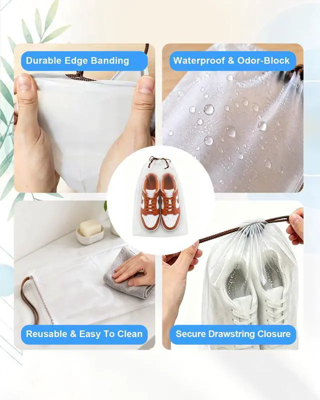 Alt view image 3 of 7 - 6 Pack Waterproof Drawstring Travel Shoe Bags, Reusable Shoe Organizer Bags | 15.7"x11.8" Large Size Fits Most Shoes, Durable PEVA Material, Reusable Drawstring Shoe Storage Bags for Men and Women