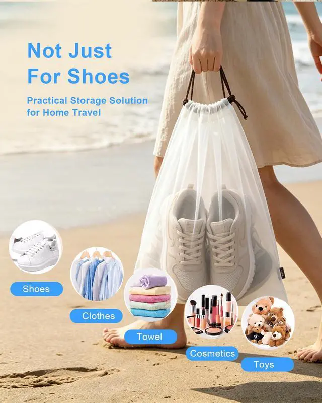 Alt view image 5 of 7 - 6 Pack Waterproof Drawstring Travel Shoe Bags, Reusable Shoe Organizer Bags | 15.7"x11.8" Large Size Fits Most Shoes, Durable PEVA Material, Reusable Drawstring Shoe Storage Bags for Men and Women