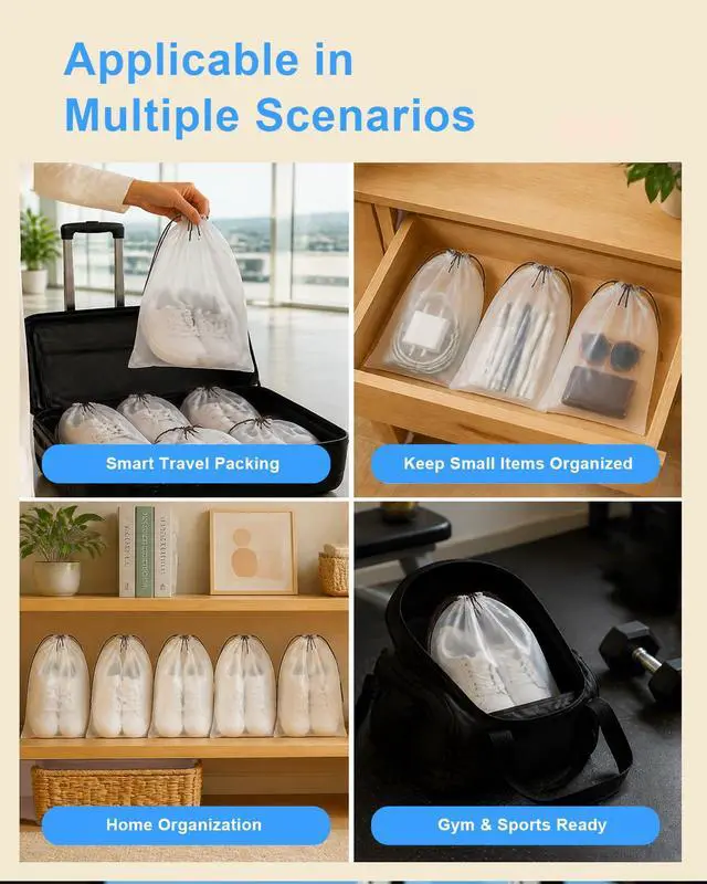 Alt view image 6 of 7 - 6 Pack Waterproof Drawstring Travel Shoe Bags, Reusable Shoe Organizer Bags | 15.7"x11.8" Large Size Fits Most Shoes, Durable PEVA Material, Reusable Drawstring Shoe Storage Bags for Men and Women