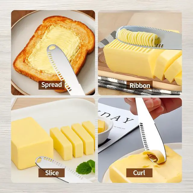 Alt view image 5 of 6 - 2 Pcs Butter Knife Spreader with Holes, 3 in 1 butter knife, butter curler knife, Butter Grater with Ergonomic Handle, stainless steel butter spreader for Butter, Cheese, Jam