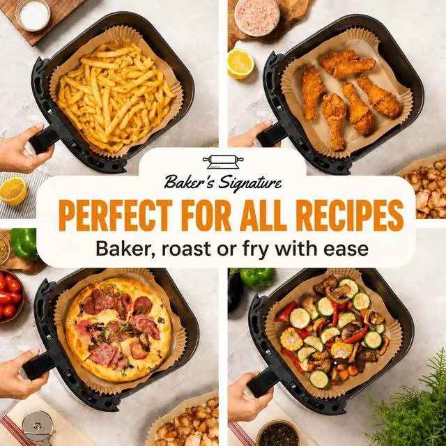 Alt view image 6 of 7 - Air Fryer Paper Liners, 125Pcs Air Fryer Disposable Liners | Non-Stick and Oil Proof for Easy Cleanup, 8" Square for 5-8 qt Basket by Baker's Signature