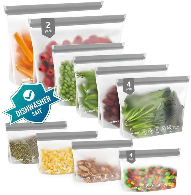 Main image of 12Pack Food Storage Bags Dishwasher Safe, BPA Free Gallon Freezer Bags, Reusable Snack Bags, Leakproof BPA Free Reusable Baggies for Lunch,Travel(2Gallon 4Quart 4Snack, Grey)
