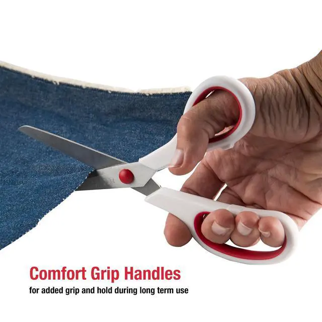 Alt view image 5 of 7 - 8.5" Fabric Scissors, Comfort Grip, Red & White, Dressmaker Shears | Stainless steel 8.5 inch dressmaker scissors cut any fabric smoothly; rubberized comfort grip, right and left-handed use