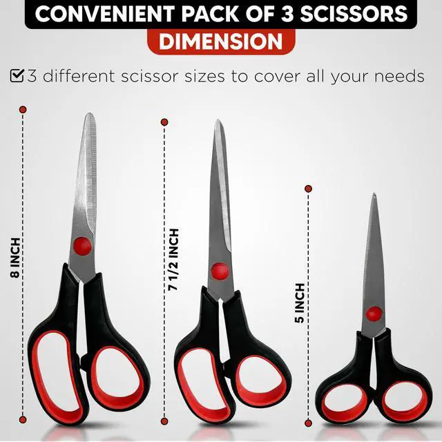 Alt view image 7 of 7 - 3-pack All Purpose Scissors 3 Sizes Ultra Sharp SS Blades Comfort Non-Slip Ergonomic Handle Great as Office Gifts, Home, Kitchen Shears, School, Sewing Fabrics, Crafts, And Multipurpose