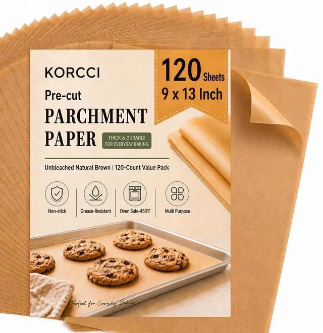 Main image of 120-Count 9x13 Inch Parchment Paper Sheets, Precut Non-Stick Unbleached Baking Paper, Quarter Sheet Size for Toaster Oven, Air Fryer, Cookies, Cakes and Bread