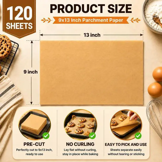 Alt view image 4 of 7 - 120-Count 9x13 Inch Parchment Paper Sheets, Precut Non-Stick Unbleached Baking Paper, Quarter Sheet Size for Toaster Oven, Air Fryer, Cookies, Cakes and Bread
