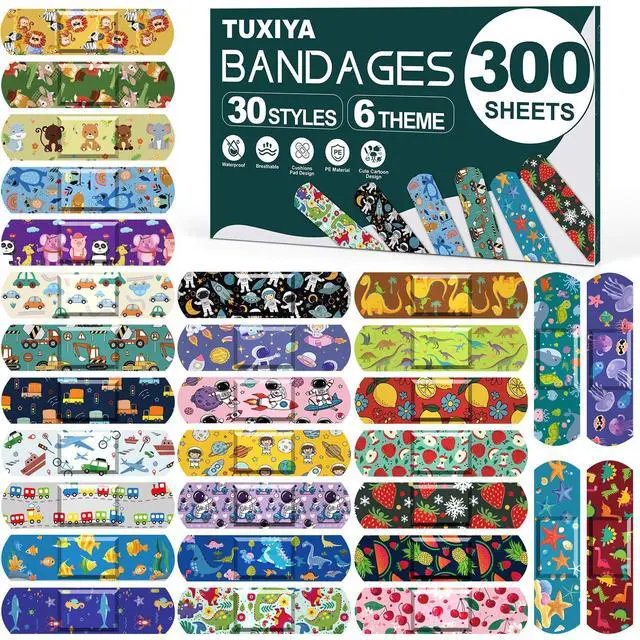 Main image of 300 Pack Kids Cartoon Bandages,30 Styles 6 Themes Adhesive Bandages Kids | Colorful Bandage Flexible & Waterproof Adhesive for Minor Cuts and Scrapes