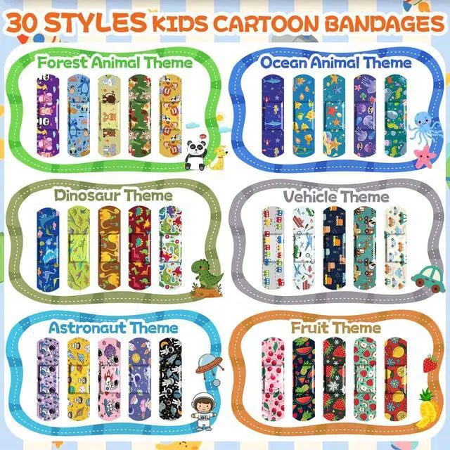Alt view image 3 of 7 - 300 Pack Kids Cartoon Bandages,30 Styles 6 Themes Adhesive Bandages Kids | Colorful Bandage Flexible & Waterproof Adhesive for Minor Cuts and Scrapes