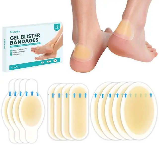 Main image of Hydrocolloid Gel Blister Bandages Pads - Promifun Waterproof Adhesive Blisters Bandages - Blister Pads for Heel, Foot, Toe, Feet - Gel Blister Chshions for Prevention & Recovery (13ct, Variety Pack)