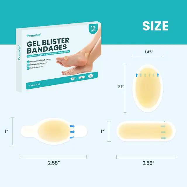 Alt view image 6 of 6 - Hydrocolloid Gel Blister Bandages Pads - Promifun Waterproof Adhesive Blisters Bandages - Blister Pads for Heel, Foot, Toe, Feet - Gel Blister Chshions for Prevention & Recovery (13ct, Variety Pack)