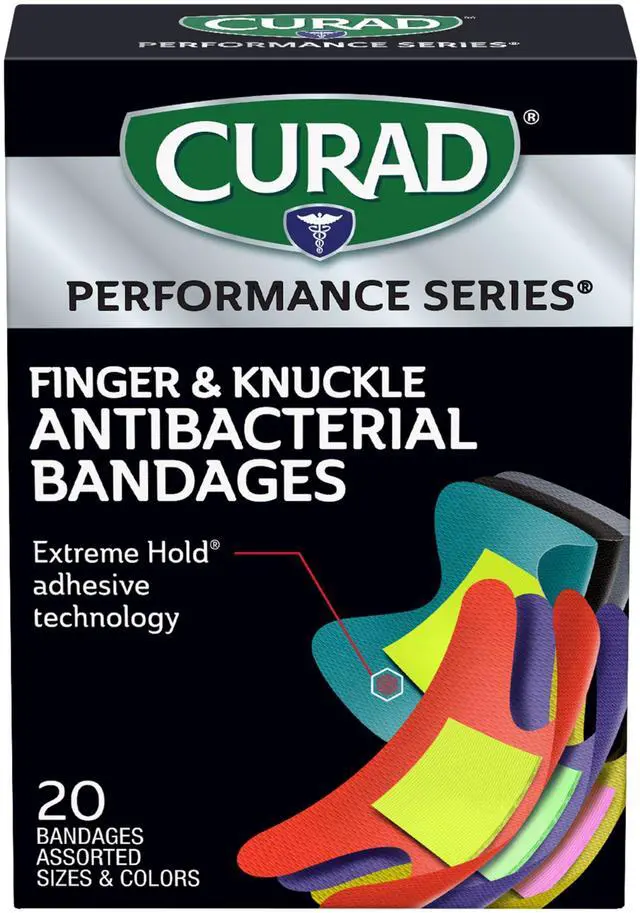 Main image of Performance Series Fingertip and Knuckle Antibacterial Bandages, Extreme Hold Adhesive Technology, Fabric Bandages, 20 Count
