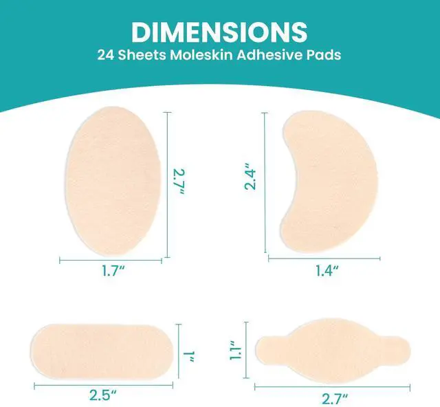 Alt view image 7 of 7 - Moleskin Strips with Adhesive Blister Prevention Pads,Beige 24 Pcs | Mole Skin Tape Stickers for Feet Heel Shoes Padding- 4 Pre-Cut Shape Blisert Bandage for Feet,Traveling Essentials