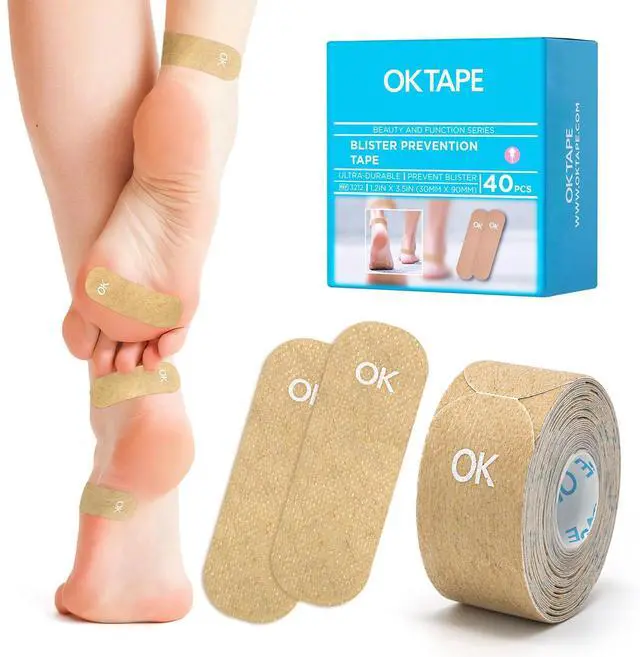 Main image of Blister Prevention Tape, 40 Pcs, Moleskin for Blisters, Shoes | No-Residue Blister Bandages for Feet & Body, Heel Patches, 1.2in X 3.5in Precut Strips - Beige