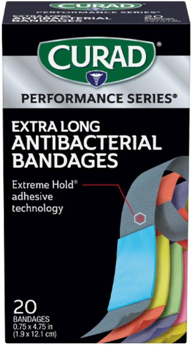 Main image of Performance Series Antibacterial Bandages, Extreme Hold Adhesive Technology, Extra Long Flexible Fabric Bandages for Cuts, Scrapes, & Burns, Assorted Colors, 0.75 x 4.75 inches