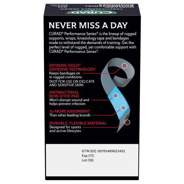 Alt view image 2 of 7 - Performance Series Antibacterial Bandages, Extreme Hold Adhesive Technology, Extra Long Flexible Fabric Bandages for Cuts, Scrapes, & Burns, Assorted Colors, 0.75 x 4.75 inches