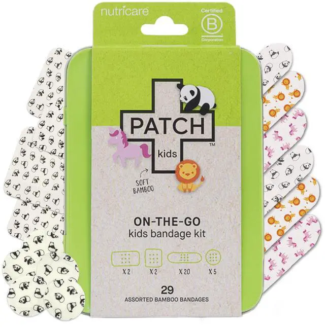 Main image of Kids On-The-Go Natural Bamboo Adhesive Bandage Kit for Sensitive Skin, Eco-Friendly Hypoallergenic Bandages for Sensitive Skin. Non Toxic Bandages for Boys & Girls with Cute Prints, 29 ct Small