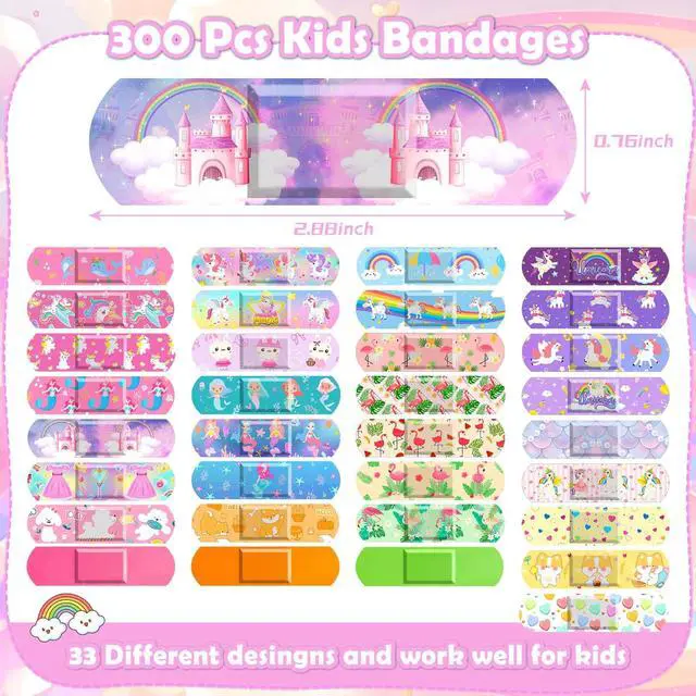 Alt view image 3 of 7 - 33 Styles Kids Cartoon Bandages 300 Pcs Adhesive Flexible Unicorn Bandages Cartoon Bandages Variety Pack Waterproof Protect Scrapes and Cuts for Girls Boys Children Toddlers(Cute)