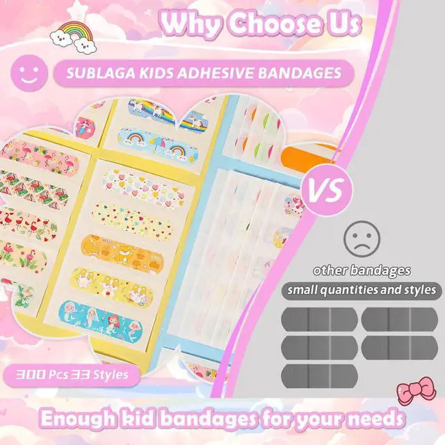Alt view image 2 of 7 - 33 Styles Kids Cartoon Bandages 300 Pcs Adhesive Flexible Unicorn Bandages Cartoon Bandages Variety Pack Waterproof Protect Scrapes and Cuts for Girls Boys Children Toddlers(Cute)