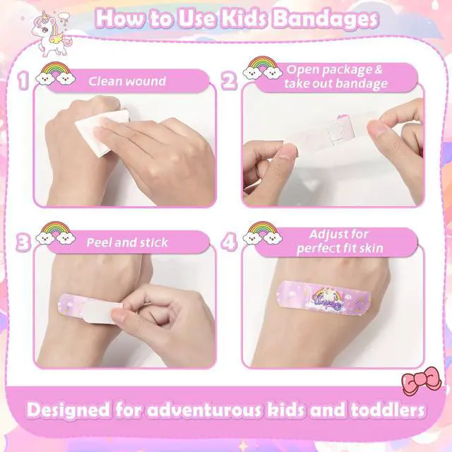 Alt view image 5 of 7 - 33 Styles Kids Cartoon Bandages 300 Pcs Adhesive Flexible Unicorn Bandages Cartoon Bandages Variety Pack Waterproof Protect Scrapes and Cuts for Girls Boys Children Toddlers(Cute)