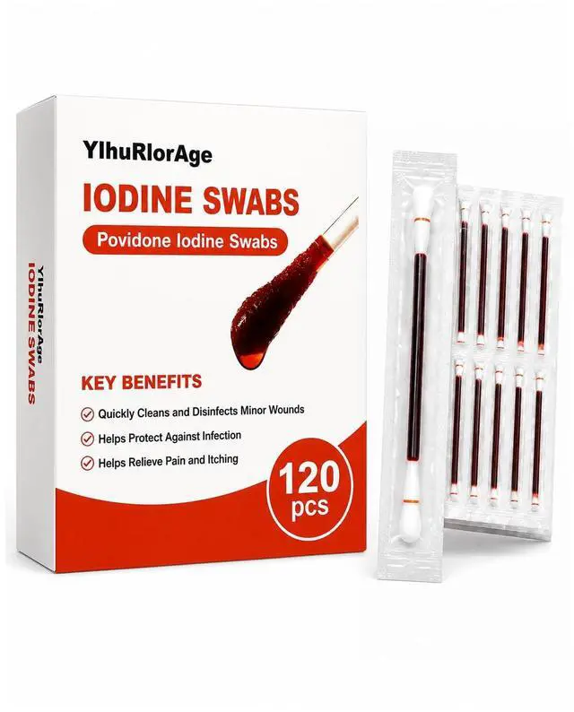 Main image of Povidone Iodine Swabs 10% Antiseptic Solution, 120 Count | Individually Wrapped, Cotton Swabsticks, Wound Care & First Aid, Cuts, Scrapes, Burns, Nasal Cleansing & Travel