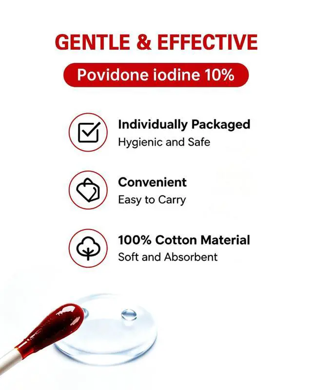 Alt view image 5 of 7 - Povidone Iodine Swabs 10% Antiseptic Solution, 120 Count | Individually Wrapped, Cotton Swabsticks, Wound Care & First Aid, Cuts, Scrapes, Burns, Nasal Cleansing & Travel