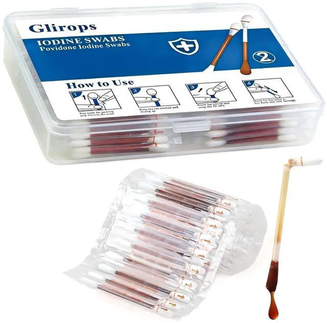 Main image of 100 Sticks Povidone Iodine Swabsticks - FSA/HSA Snap-to-Activate Iodine Swabs for First Aid & Nasal Care, 10% Solution Wound Care Supplies, Individually Wrapped in Reusable Case