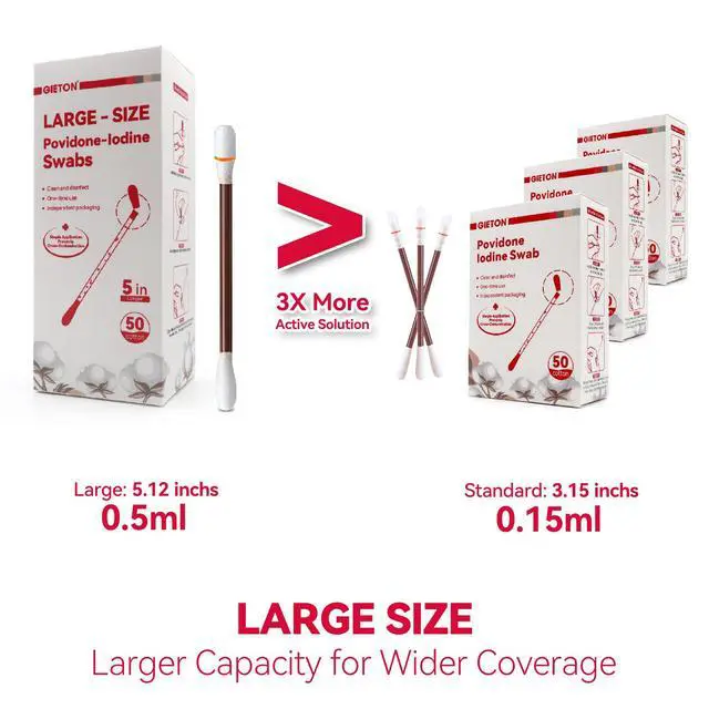 Alt view image 2 of 6 - Large - Size 5 inchs Povidone Iodine Swabs (50-Count), Iodine Cotton swabs, Wound Care, Gentle Care and Emergency Care for The Whole Family.