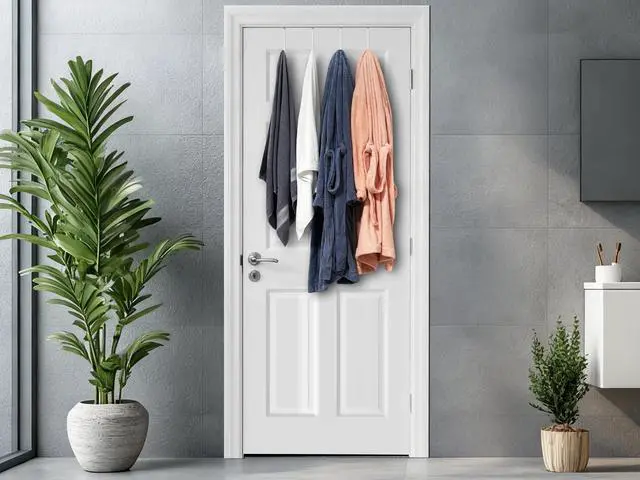 Alt view image 7 of 7 - Single Over Door Steel Hooks 2 Pack Fit 1-3/8" Door 5.5" White | Plastic Coated Rubber Feel Towel Rack Robe Coat Shoe Wreath Hanger No Damage No Scratch for Bathroom Heavy Duty Thin Top