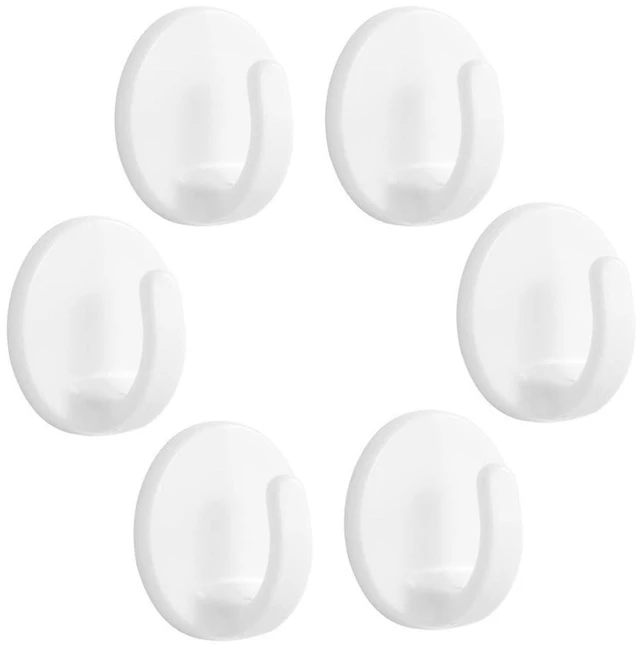 Main image of 6 Pcs Adhesive Plastic Hooks - Small Wall Hooks for Hanging, Drill-Free, Seamless - Kitchen Bathroom - 44 * 44 * 25 mm, White (for 2.5 LB)