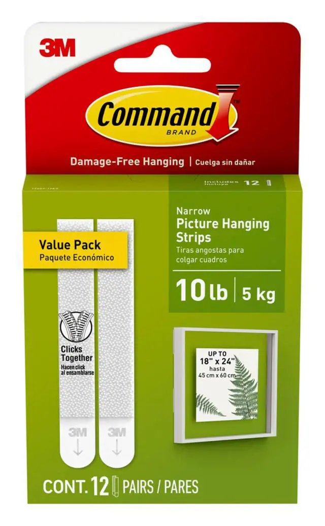 Main image of Narrow (10 lb) Picture Hanging Strips, 12 Pairs (24 Strips) | White Picture Hanging Strips, Damage-Free Wall Hangers for Frames, No Tools Required, Ideal for Decorating Apartments, Dorms