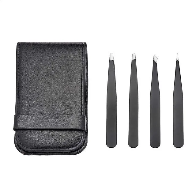 Main image of Tweezers for Facial Hair, Eyebrows, Eyelashes - Set of 4, Professional Stainless Steel with Travel Case, Black