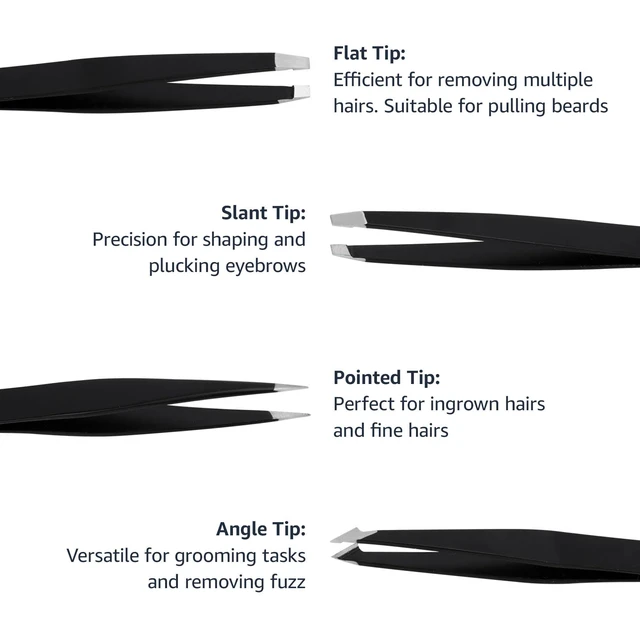 Alt view image 2 of 7 - Tweezers for Facial Hair, Eyebrows, Eyelashes - Set of 4, Professional Stainless Steel with Travel Case, Black
