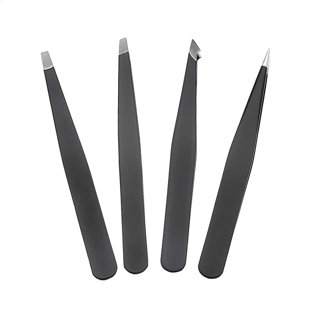 Alt view image 4 of 7 - Tweezers for Facial Hair, Eyebrows, Eyelashes - Set of 4, Professional Stainless Steel with Travel Case, Black