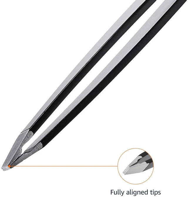 Alt view image 3 of 7 - Tweezers for Facial Hair, Eyebrows, Eyelashes - Set of 4, Professional Stainless Steel with Travel Case, Black