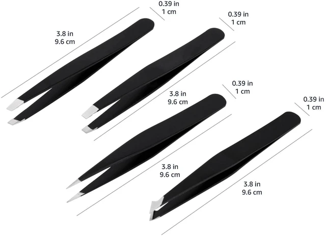 Alt view image 7 of 7 - Tweezers for Facial Hair, Eyebrows, Eyelashes - Set of 4, Professional Stainless Steel with Travel Case, Black