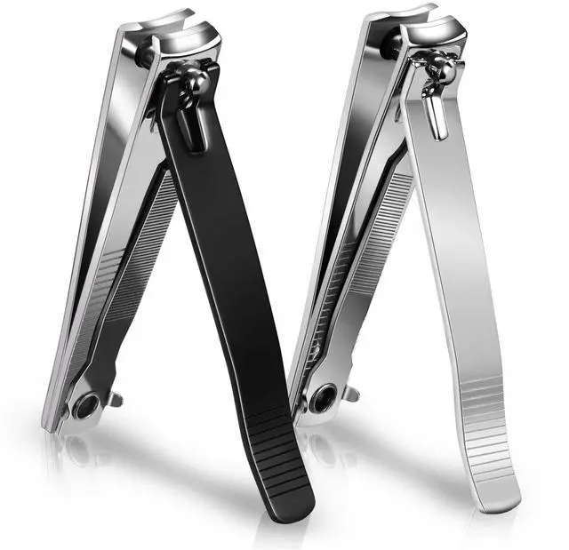 Main image of Large Nail Clippers 2-Pack for Fingernails & Toenails, Black/Silver | Sharp Stainless Steel Nail Clippers with Built-in Nail File, Manicure Pedicure Tools for Men and Women