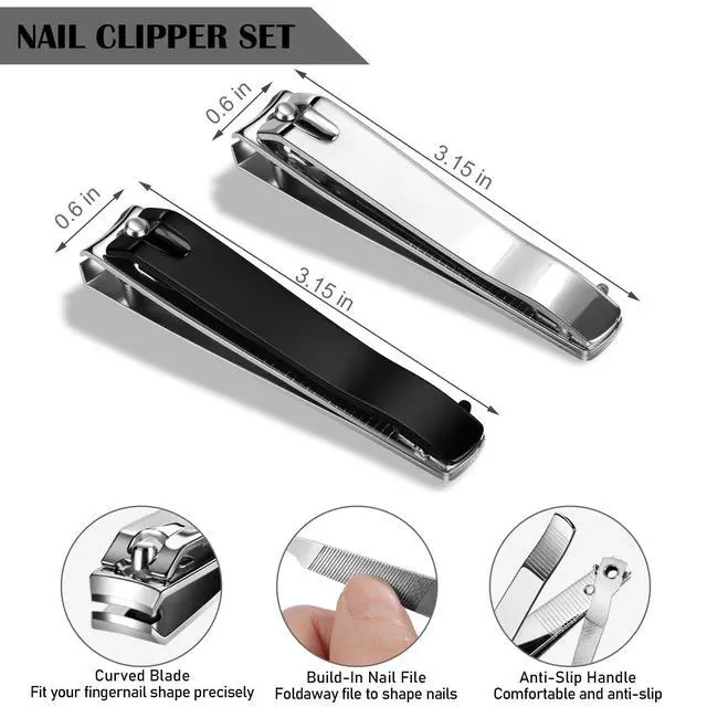 Alt view image 2 of 6 - Large Nail Clippers 2-Pack for Fingernails & Toenails, Black/Silver | Sharp Stainless Steel Nail Clippers with Built-in Nail File, Manicure Pedicure Tools for Men and Women