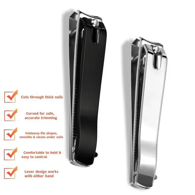 Alt view image 3 of 6 - Large Nail Clippers 2-Pack for Fingernails & Toenails, Black/Silver | Sharp Stainless Steel Nail Clippers with Built-in Nail File, Manicure Pedicure Tools for Men and Women
