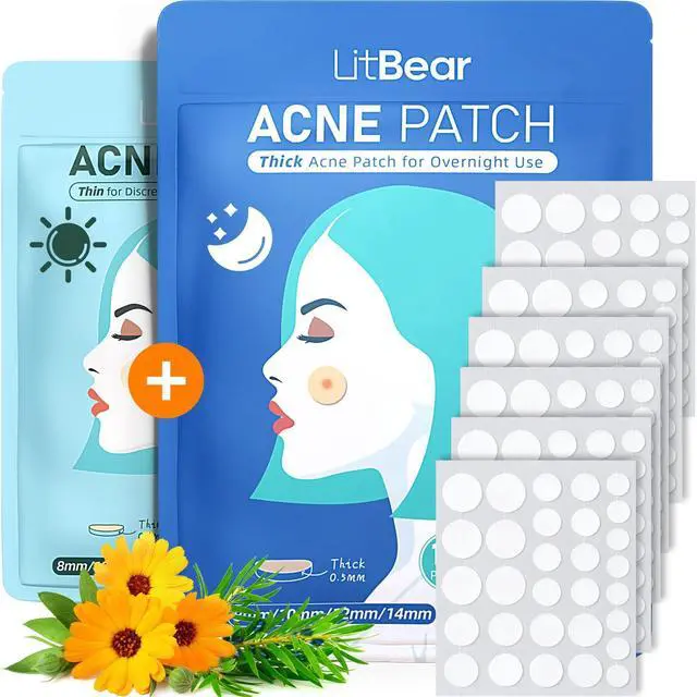 Main image of LitBear Acne Pimple Patches- Day and Night 4 Sizes 180 Dots Thin & Thick Hydrocolloid Patches with Witch Hazel, Tea Tree & Calendula Oil, Pimple Stickers for Covering Zits, Spots, Acne Dots