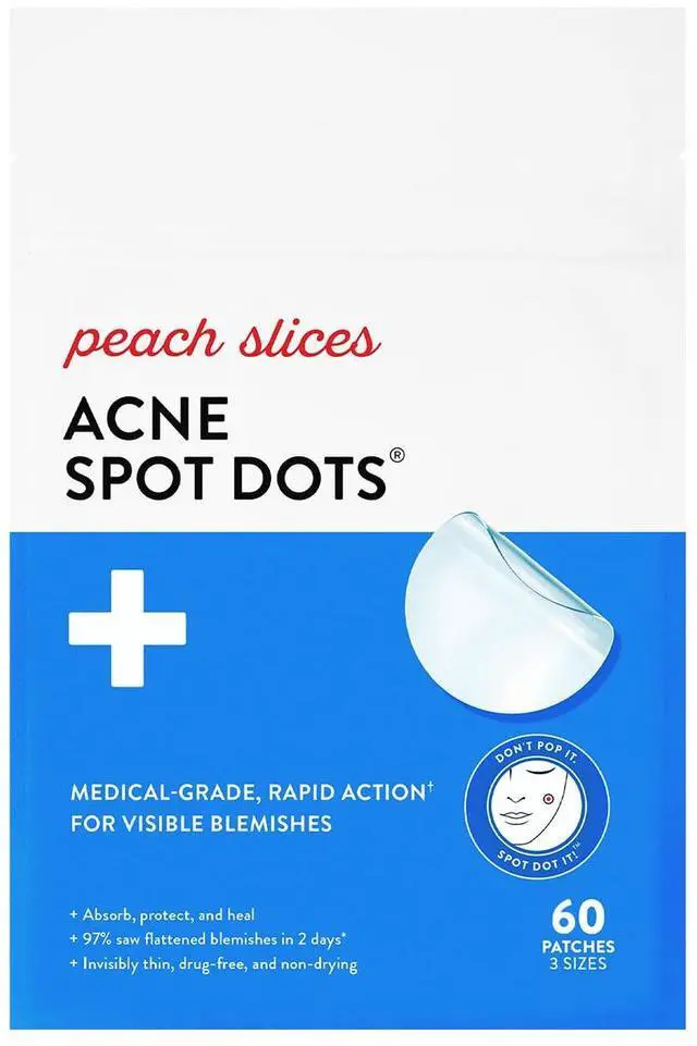 Main image of Peach Slices - Acne Spot Dots (60 ct) - Hydrocolloid Pimple Patches for Face - Absorb Gunk, Protect Picking & Support Healing - 3 Sizes (7, 10, & 12mm) - Vegan, Cruelty Free, Korean Skin Care & Beauty